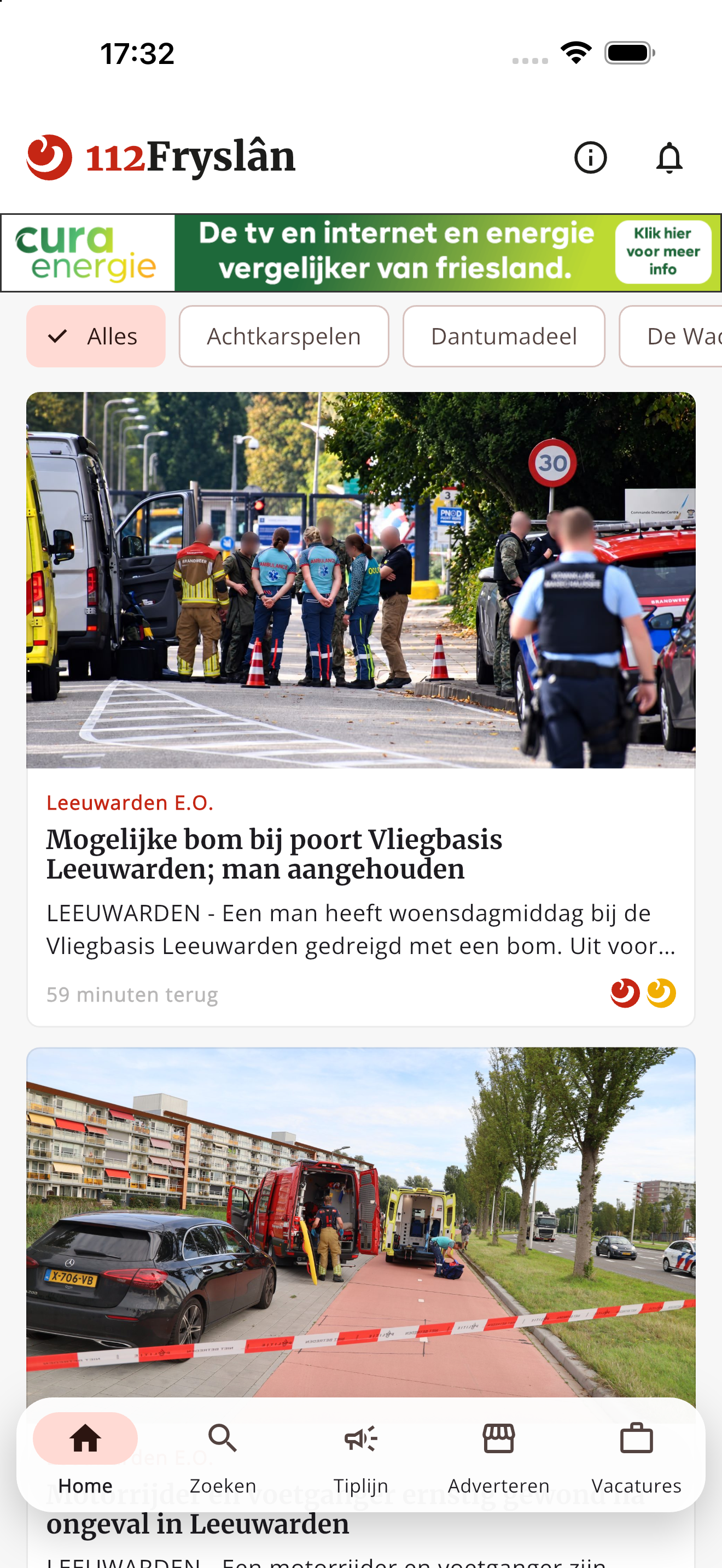 App 112 Fryslân: nieuwsoverzicht met een filter per gemeente en nieuwsberichten met foto
