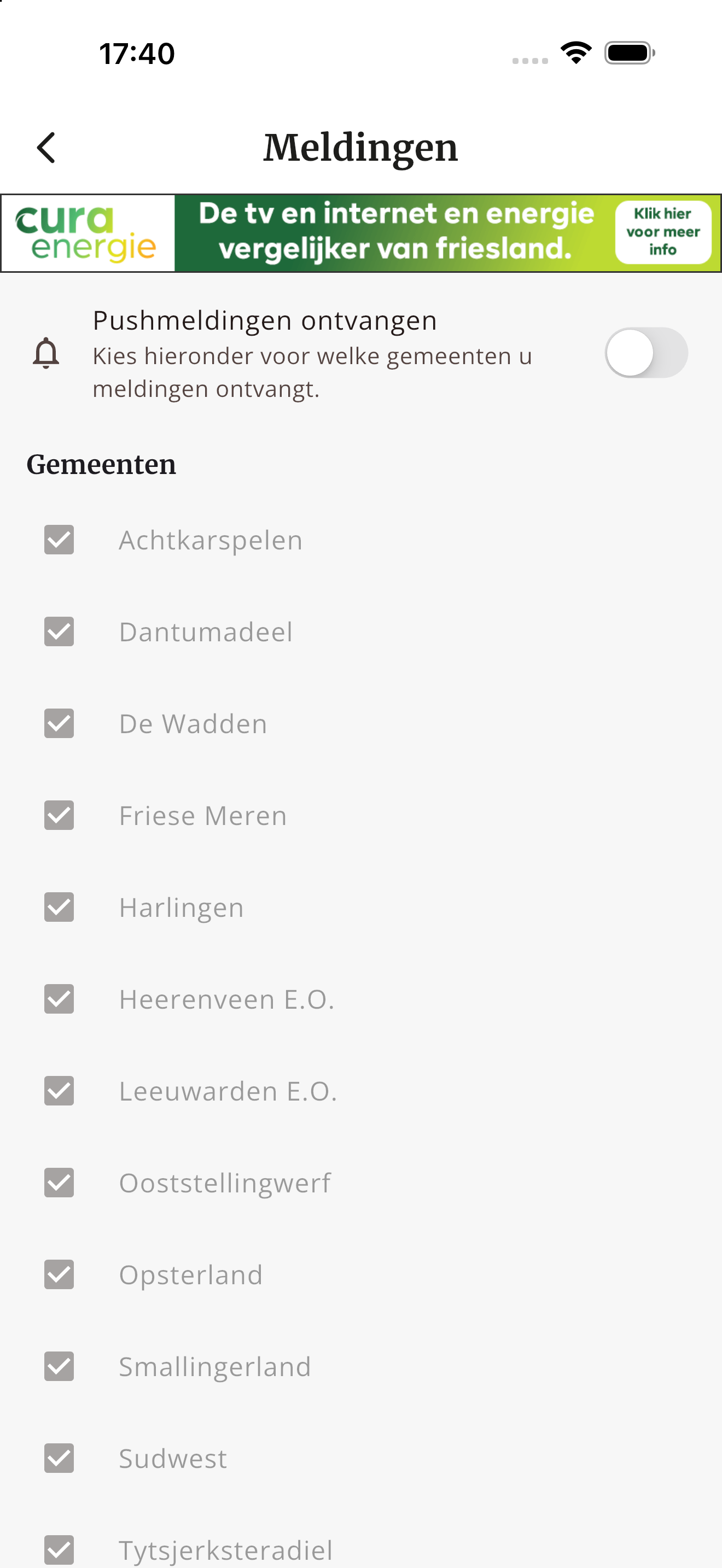 App 112 Fryslân: instellingen voor pushmeldingen met een lijst Friese gemeenten om te selecteren