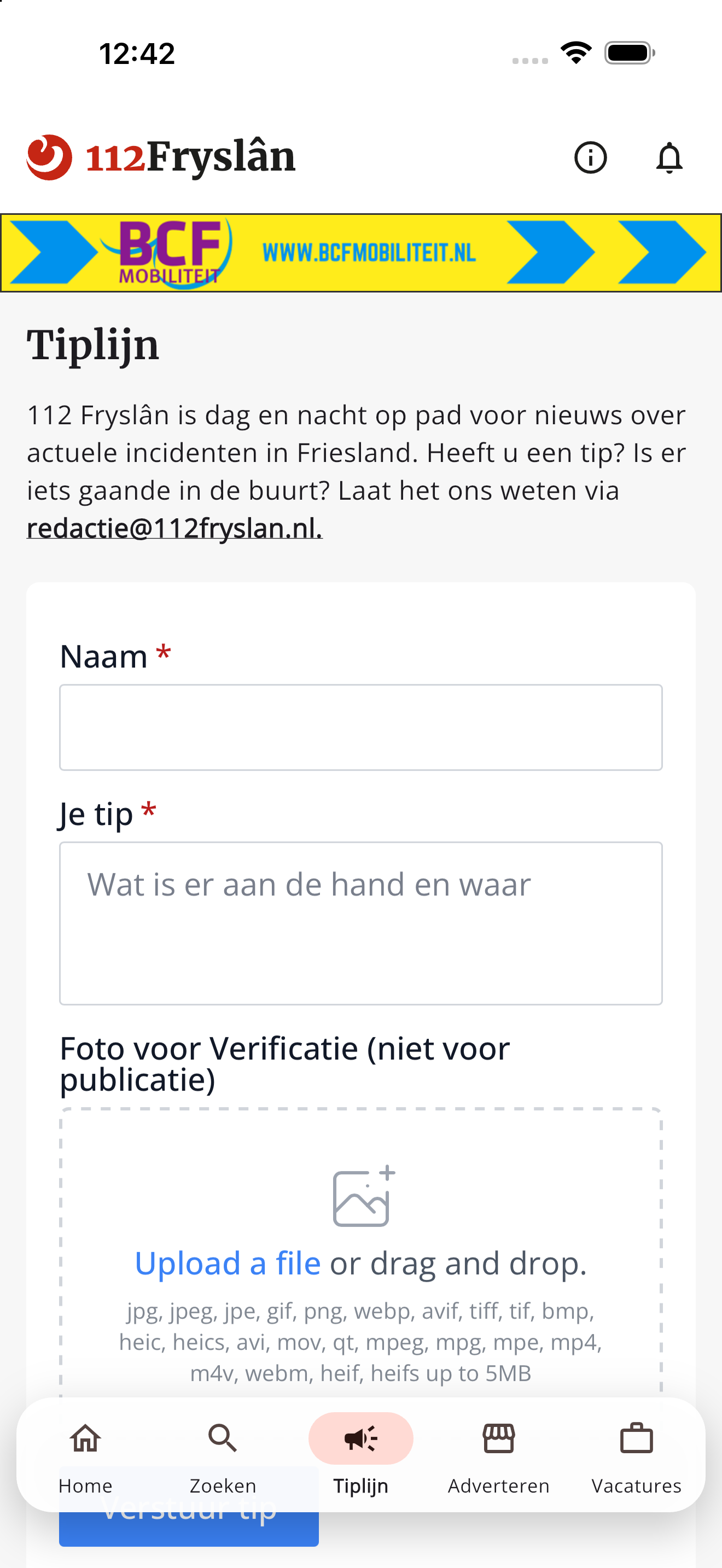 App 112 Fryslân: tiplijn met een formulier voor naam, tip en een foto voor verificatie