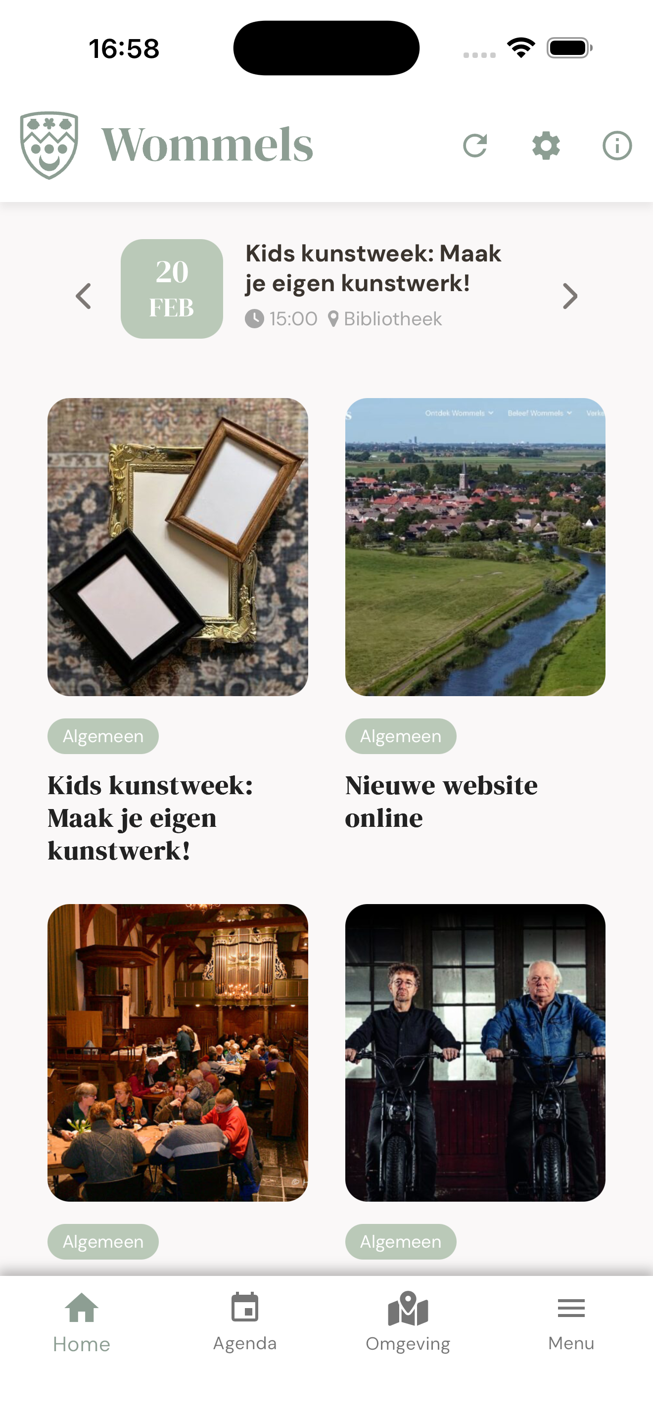 Wommels-app: nieuwsoverzicht met bovenaan een activiteit en navigatie Home, Agenda, Omgeving en Menu