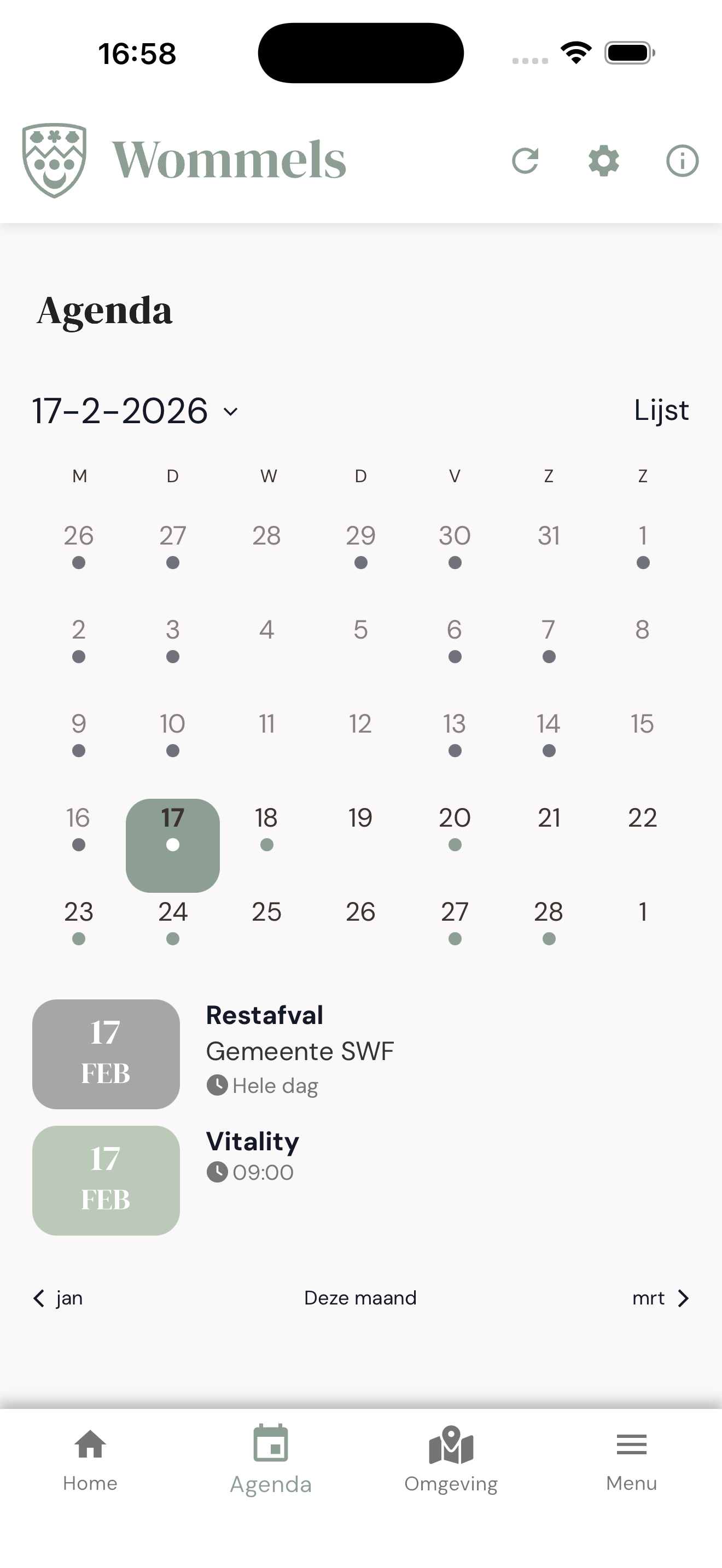 Wommels-app: maandkalender met activiteiten voor de geselecteerde dag