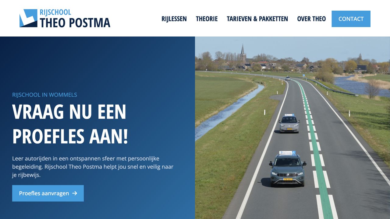 Homepage van Rijschool Theo Postma met de kop "Vraag nu een proefles aan!" en twee lesauto's op een polderweg